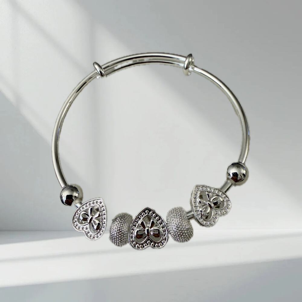 Elegant 925 Stamped Silver Plated Adjustable Bangle with Heart and Bead Charms